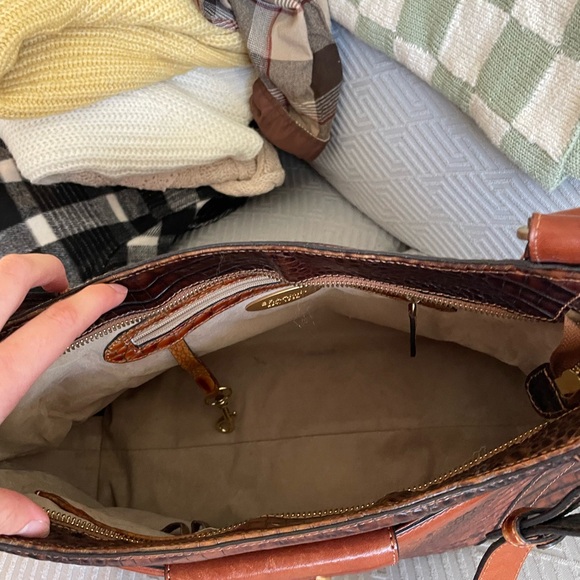 Brahmin Pecan Hobo Shoulder Bag Crocodile Embossed Leather with gold detailing